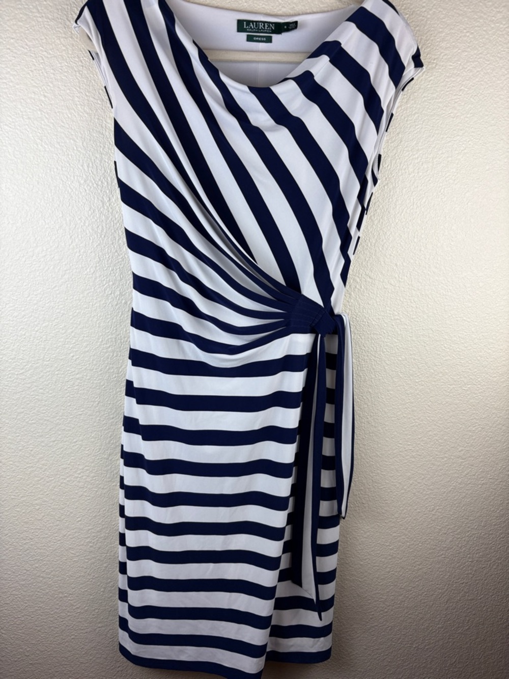 LAUREN RALPH LAUREN Blue White Striped Nautical Sheath Dress Tie Waist Size 6